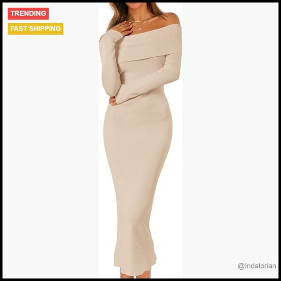 Winter Off Shoulder Bodycon Sweater Dress Long Sleeve Midi